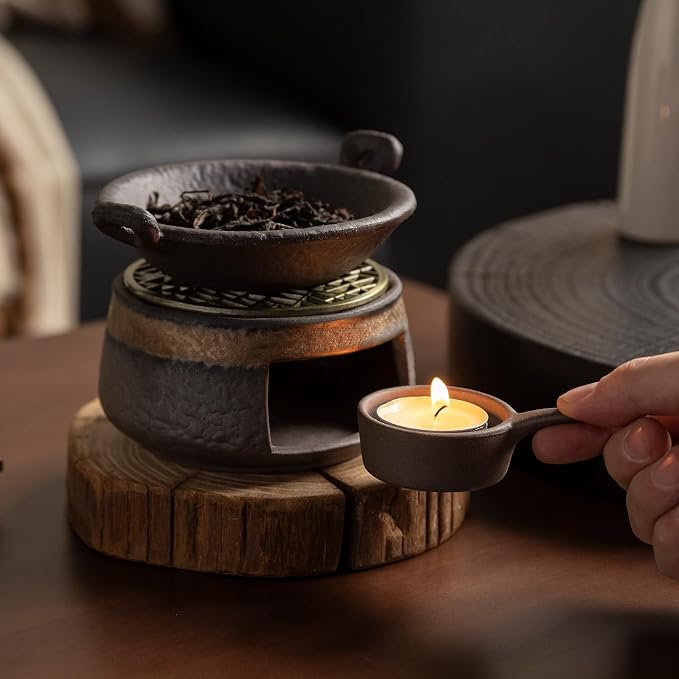 Cedar Aromatherapy Burner & Ceramic Oil Warmer for Home & Office (Heat-Resistant Double-Handled Baking Tray + Stone-Patterned Oven + Old elm Wood mat + Accessories)