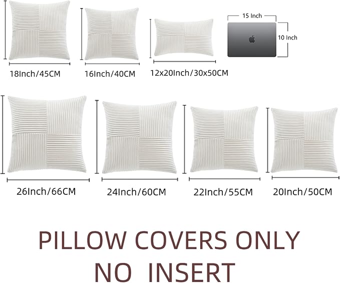 Fancy Homi 2 Packs Cream White Decorative Throw Pillow Covers 22x22 Inch for Living Room Couch Bed, Rustic Farmhouse Boho Home Decor, Soft Corss Corduroy Patchwork Accent Square Cushion Case 55x55 cm