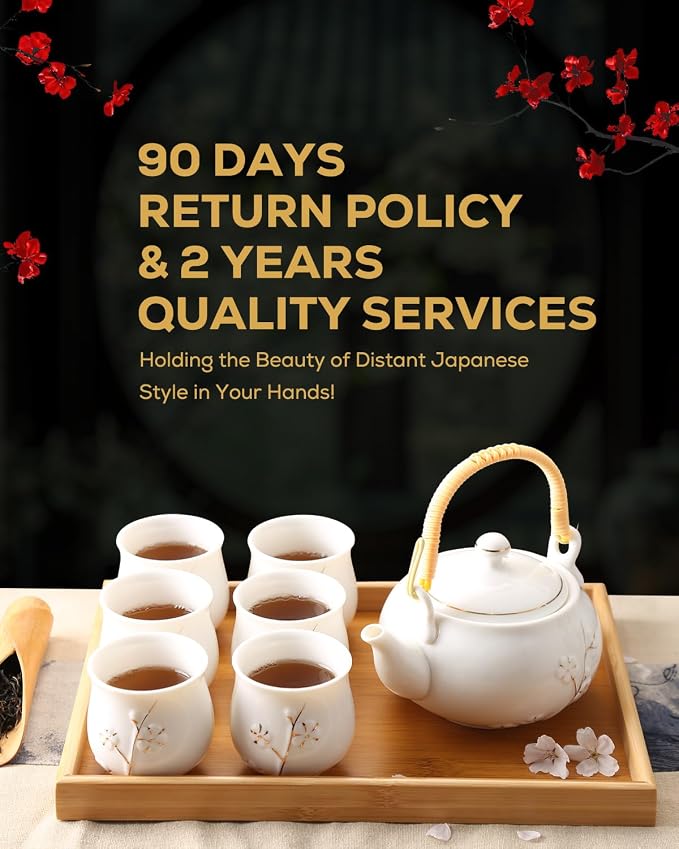 Dujust Japanese White Porcelain Tea Set - Teapot, 6 Tea Cups, Tray & Stainless Infuser - Plum in Golden