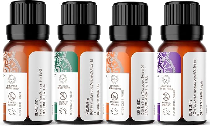 GuruNanda Essential Oils Set (Pack of 8 x 0.5 Fl Oz) - Pure, Natural Frankincense, Lavender, Eucalyptus & Orange Aromatherapy Oils for Diffusers, DIY & Home Use
