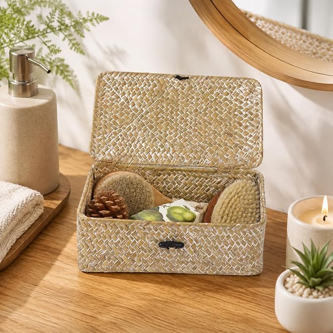 Seagrass Wicker Storage Basket with Lid, Small, Whitewash | 9.05 x 5.11 x 3.34 Inch Box, Shelf Organizer, Rectangular Woven Bin, Small Item Storage, Decorative Finish