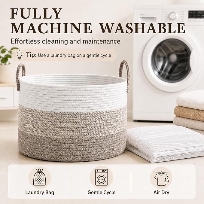 JMvicyroam 65L Extra Large Machine Washable Cotton Rope Blanket Basket | Collapsible laundry hamper, Reinforced handles, For blankets,pillows,toys and clothes, Living room and bedroom,White&BrownMix