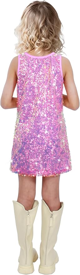 Girls Sequin Dress Sparkly Sleeveless Costume Prom Concert Party Outfit with Glitter Microphone Prop