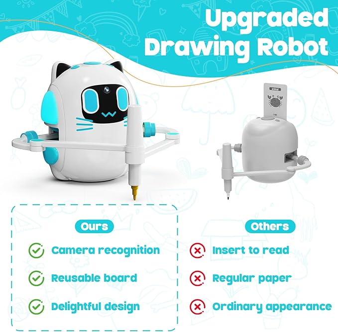 Drawing Robot for Kids with Camera Recognition, Montessori Educational Art Toy Kit with 150 Cards & 12 Colorful Pens for Preschool Learning Activities, Birthday Gifts for Boys Girls Ages 3+