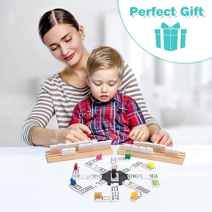 Mexican Train Dominoes Set with 4 Wooden Racks, Double 12 Dominos Game with 91 Dot Tiles, 9 Trains, Hub, Classic Family Board Game for Adults Kids, Travel,Party