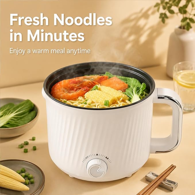 1.6L Nonstick Personal Electric Hot Pot with Steamer Basket & Clear Glass Lid, 300W/600W Electric Ramen Cooker for Dorms, Apartments & Offices, Noodles, Soup, Oatmeal, Pasta, Shabu-Shabu & Boiled Eggs