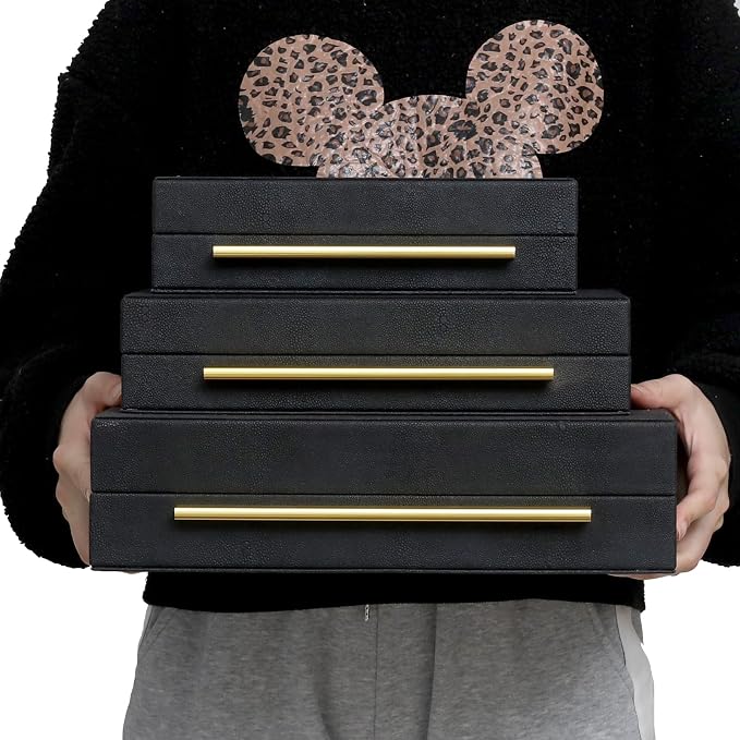 Faux Shagreen Decorative Stackable Jewelry Storage Boxes Set of 3,Black | Jewelry Organizers with Gold Metal Handles & Velvet Lining, Modern Black Box for Vanity, Entryway & Coffee Table Décor
