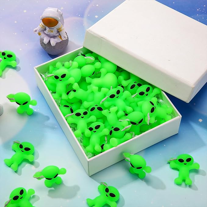 25 Pcs Mini Alien Figures Glow in The Dark Space Ship Tiny Little Small Alien Figurine for Halloween Treat Toys Bulk Gift Space Party Favors Hide and Seek Christmas Stocking Stuffer