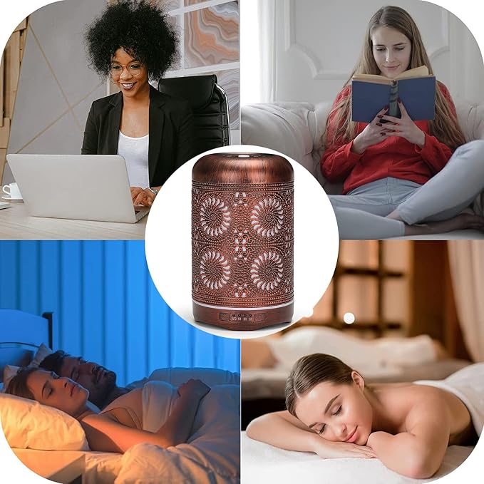 250ML Essential Oil Aromatherapy Diffuser for Home Bedroom Office Metal Hollow Decorative Room Ultrasonic Air Scent Mist Aroma Diffuser -Red Copper