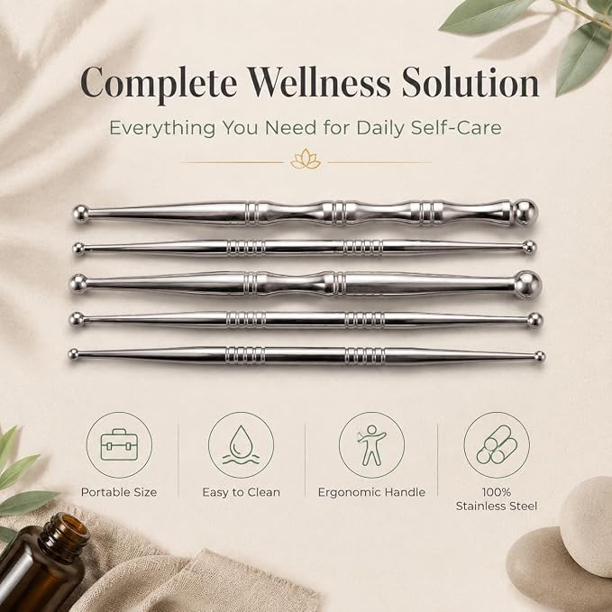 5PCS Stainless Steel Acupressure Tool Set,Trigger Point Massage Tools for Pressure Point Therapy, Reflexology & Deep Tissue Massage, Professional Meridian Massage Sticks for Face, Body & Muscle Relief