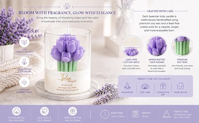 Lavender Flower Shape Scented Soy Candles | Relaxing Aromatherapy Candle | Housewarming Gift for Women & Men | Warm & Decorative Soy Wax Blend | 100% Natural Soy Wax