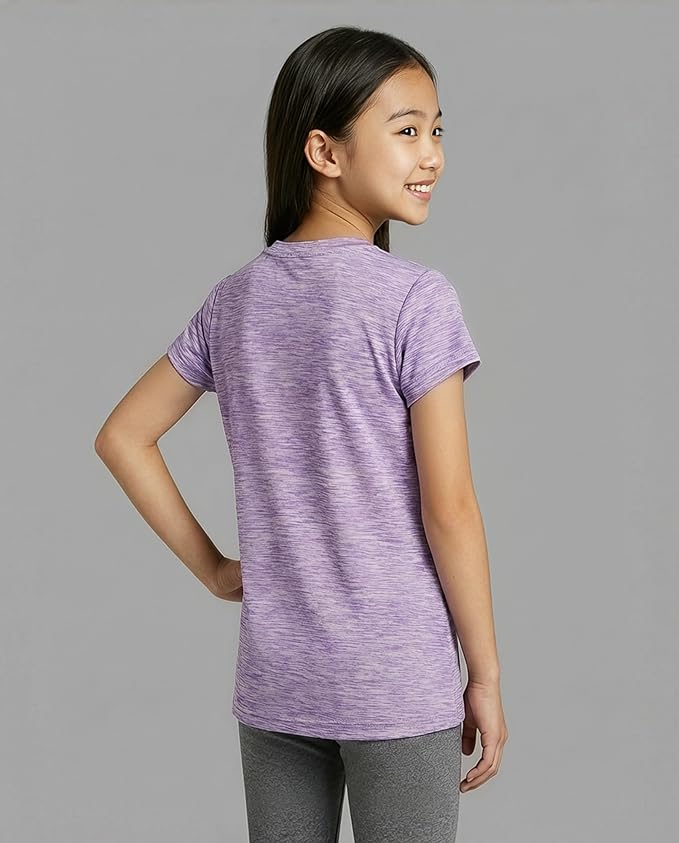 Real Essentials 5 Pack: Girls' Short Sleeve Dry-Fit Athletic T-Shirt - Active Gym Crew Neck Tops for Teens Kids (Ages 4-16)