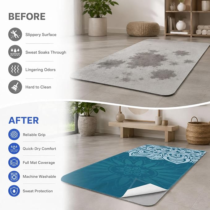 Yoga Mat Towel, Hot Yoga Non Slip with 4 Corner Pockets, 70 x 26 in | Soft Absorbent Microfiber With Four Corner Pockets, Fits Over Yoga Mats For Hot Yoga, Pilates, Gym, And Travel