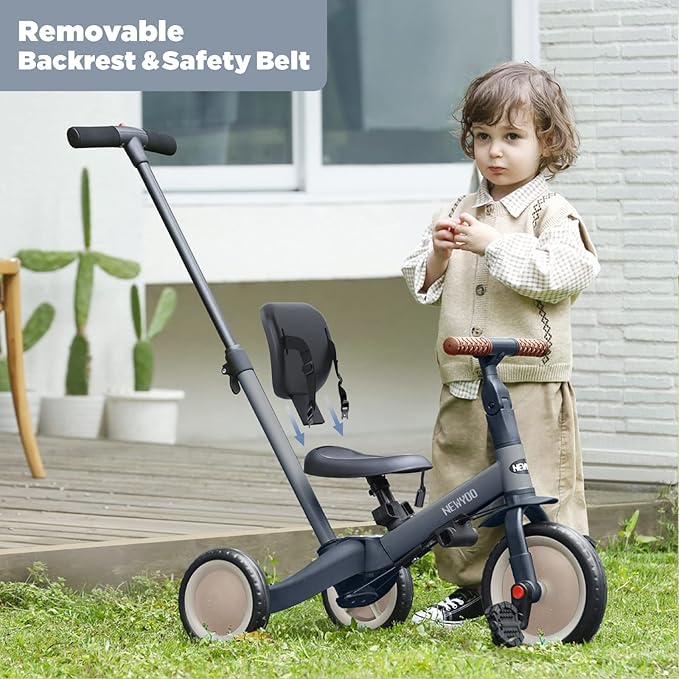 newyoo Tricycle for Toddlers 1-3, Toddler Bike, Trike with Push Handle, Perfect Boys and Girls Birthday Gift and Toys, Balance Bike with Backrest and Safety Belt, TR007, Dark Gray
