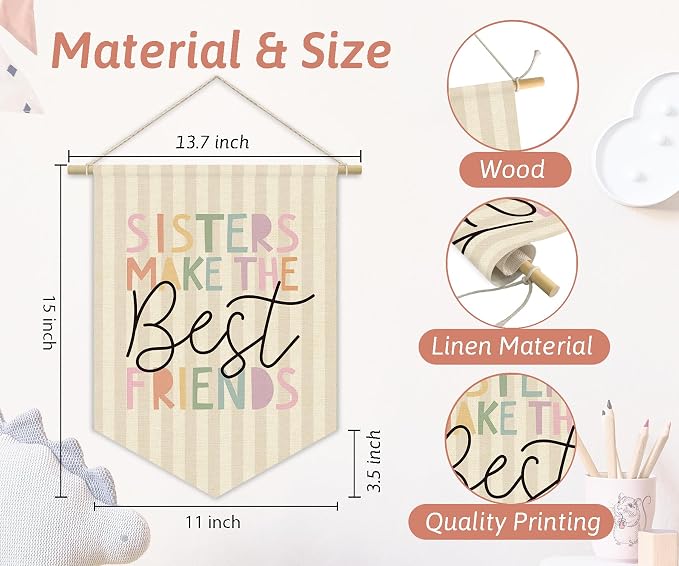 Vintage Girls Room Wall Art Decor,Toddler Girl Room Cute Pink Nursery Bedroom Playroom Canvas Banner Decorations,Sisters Make The Best Friends Wall Hanging Pennant Flag Banner for Little Girls