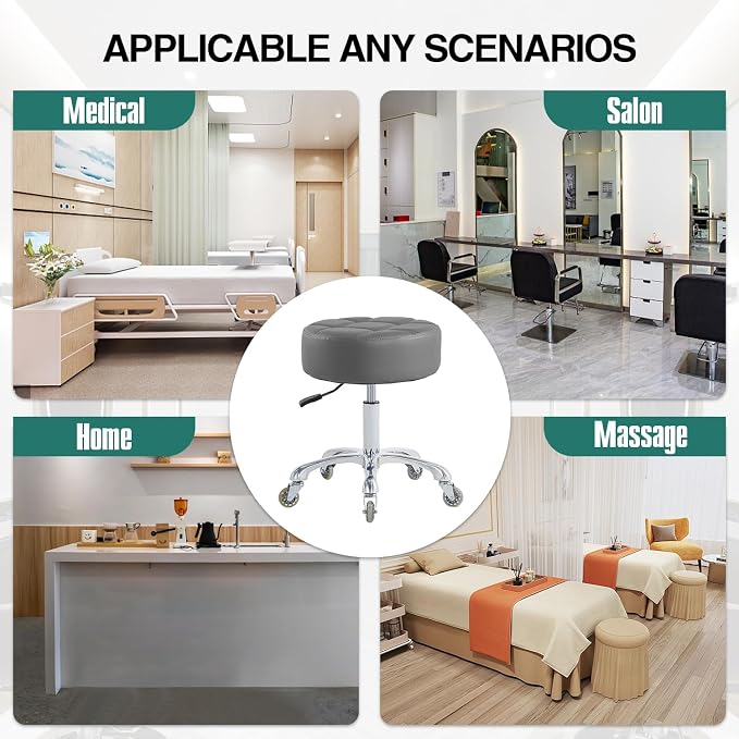 Ainilaily Rolling Stool with Wheels Adjustable Height, Roller Stool for Massage Medical Tattoo Spa Heavy Duty Swivel Desk (Super Thick Cushion, Grey)
