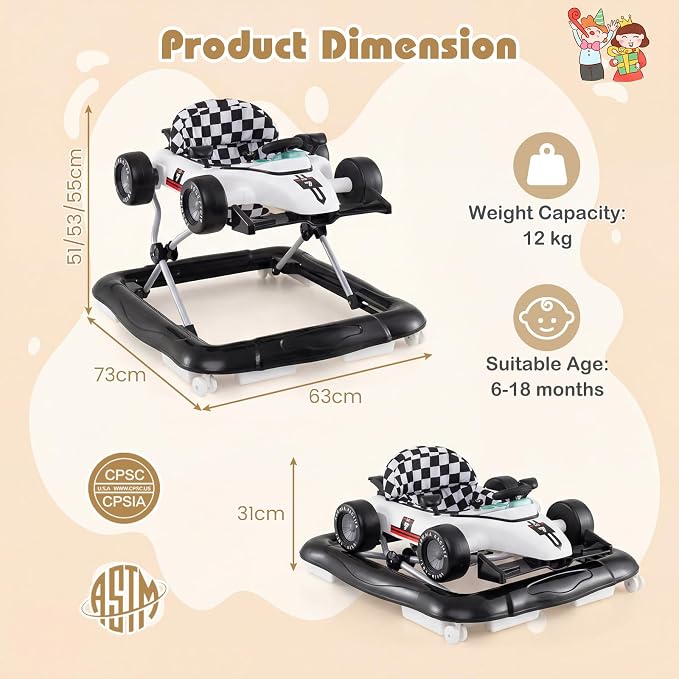 HONEY JOY Baby Walker, 4-in-1 Foldable Infant Activity Push Walker, Toddler Car Walker with Adjustable Heights, Music, Lights, Padded Seat, Baby Walker with Wheels for Boys Girls 6-18 Months (White)