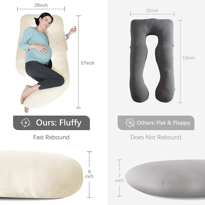 MOON PARK Pregnancy Pillows for Sleeping - U Shaped Full Body Maternity Pillow with Removable Cover - Support for Back, Legs, Belly, Hips - 57 Inch - Ivory - Cooling Cover