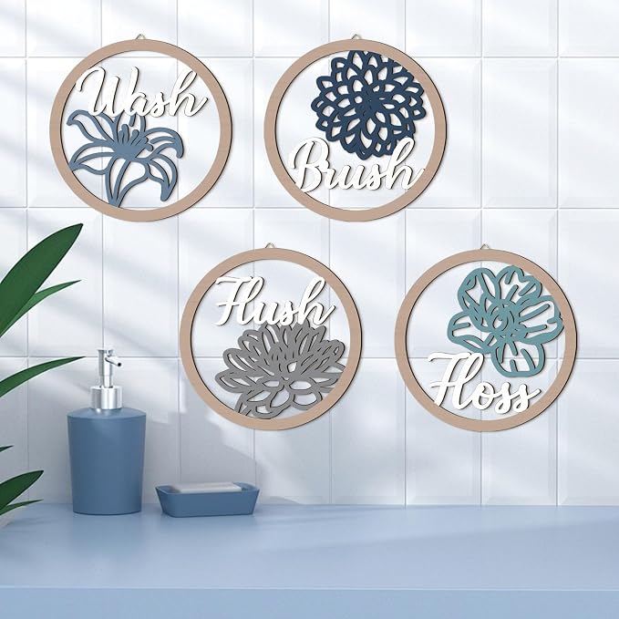 HPNIUB Farmhouse Bathroom Wall Decor, Blooming Floral Wall Art, 4 Pieces 10''x10'' Wash Brush Floss Flush Rustic Wood Plaque, Funny Bathroom Quote Wooden Sign for Home Spa Bathroom Laundry Washroom