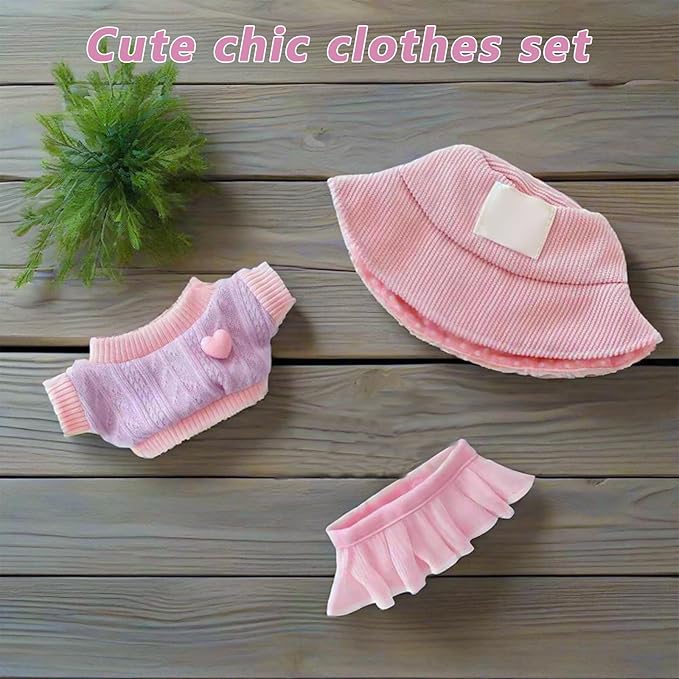 17cm Doll Clothes Outfits - Cozy Knit Top & Beanie Hat for Plush/Blind Box Collectibles (Pink Skirt)