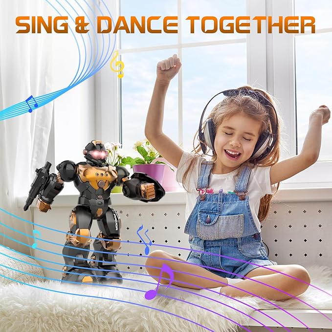 STEMTRON Robot Toys for Kids, Programmable Remote Control Robot with Intelligent Gesture Sensing, Recharge, Singing & Dancing Mode, Launcher (Brown)