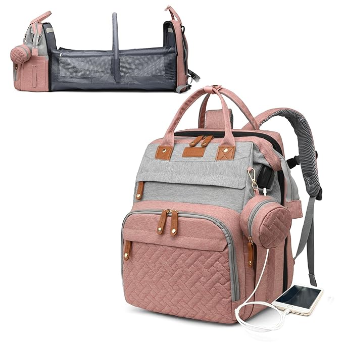 Astro alan Baby Diaper Bags with Changing Station, Waterproof Diaper Bag Backpack for Moms Dads with USB Charging Port, Baby Shower Gifts, Large Capacity diaper backpack, Grey Pink