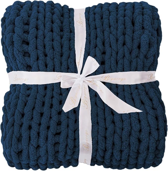 Bigacogo Chunky Knit Throw Blanket for Couch, 40x40 inches, Navy Blue | Hand Knit with Jumbo Chenille, Soft Breathable Cable Knit for Sofa Bed Living Room, Machine Washable, Gift for Mom Friend