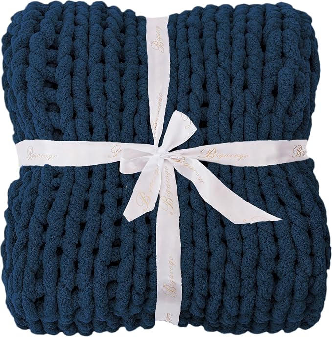 Bigacogo Chunky Knit Throw Blanket for Couch, 60x80 inches, Navy Blue | Hand Knit with Jumbo Chenille, Soft Breathable Cable Knit for Sofa Bed Living Room, Machine Washable, Gift for Mom Friend