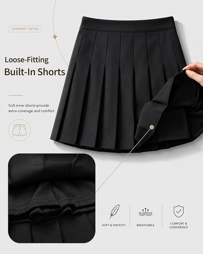 SCKTOO Women's High Waist A-Line Pleated Tennis Mini Skirt Built-in Shorts | Soft Comfort Low-Stretch Fabric Side Zipper Flared Skater Skirt for Y2K Casual Wear School Uniform Cheer Golf Outfits