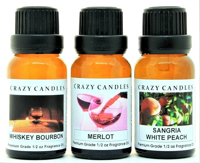 Crazy Candles 3 Bottle Set: Whiskey Bourbon, Merlot, Sangria White Peach 1/2 Fl Oz Each (15ml) Premium Grade Scented Fragrance Oil Made in USA
