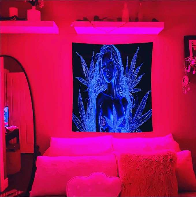 Bcsewcg Uv Glow Blacklight Art, Hot Girl Blue Tapestry for Adults Room, Dorm Wall Decor