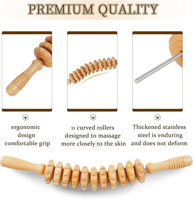 Liitrton Wood Therapy Fasci Massage Tools, Curved Wooden Massage Roller Cellulite Reduction and Muscle Tension (Curved-11-Wheel)