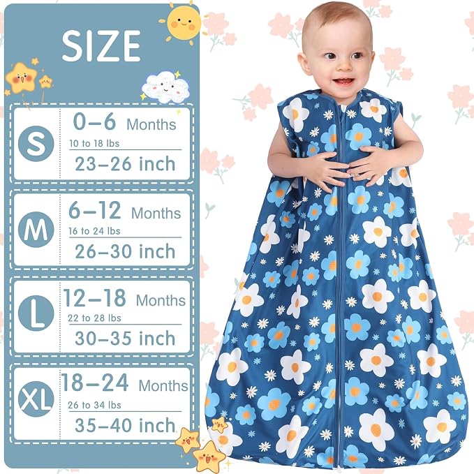 BSTOPPT 3 Pack Baby Sleep Sack 100% Rayon Cotton Baby Sleeping Bag 2-Way Zipper Toddler Wearable Blankets TOG 0.3. (Gerbera&Tulips&Pink, 18-24 Months)
