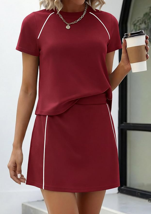 PRETTYGARDEN Women's 2 Piece Skirt Sets Matching Clothing | Short Sleeve Shirts,Color Block Tops,Mini Skirts with Shorts Pockets,Skort Set,Workout Active Wear,Tennis Golf,Summer Outfits
