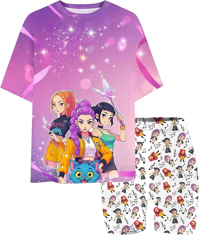 K-POP DEM0N Hunters Outfits for Girls, 2 Piece T-Shirts and Apparel Sets Birthday Gift