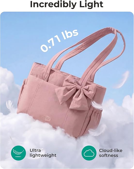 BAGSMART Crush Bow Tote Bag for Women, Puffer Travel Work Yoga Laptop Bag | Large Bow Tote Fits 40oz Tumbler, 15.6" Laptop, Yoga Mat Sleeve, Waterproof Pocket, Travel Work Swim Gym Mom Shoulder Handbag