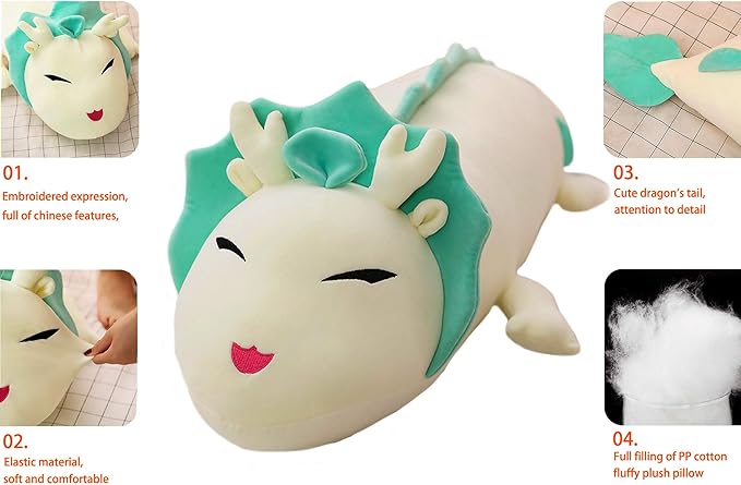 ELAINREN Fluffy Chinese White Dragon Plush Pillow Super Soft Long Dragon Shape Stuffed Body Pillow Large Anime White Dragon Plushie Dolls Gifts/43.3''