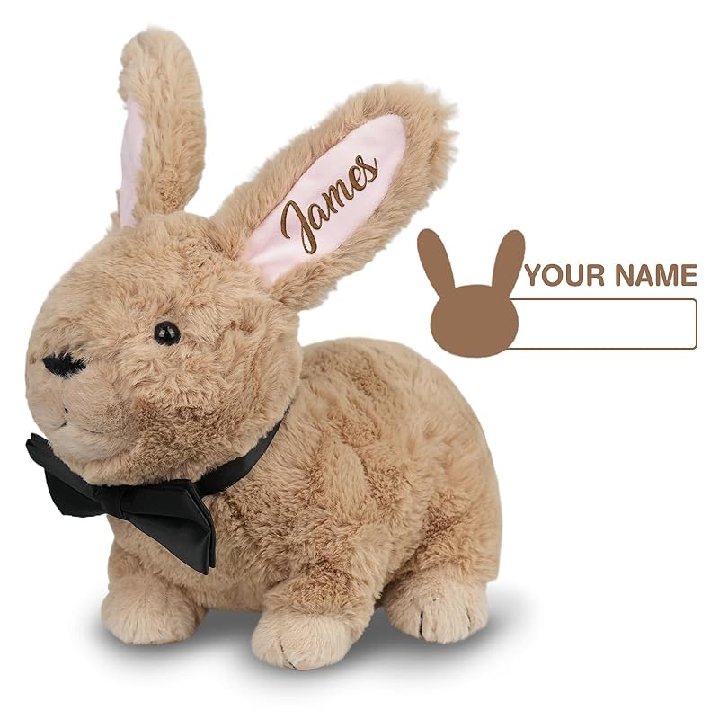 Custom Bunny Plush Embroidered Name, Realistic Bunny Stuffed Animal, Personalised Brown Rabbit for Baby Birthday Easter Gift for Girls Toddlers Kids(1 ear)