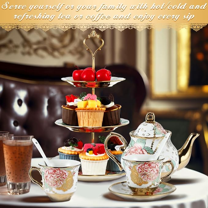 Maxcheck 21 Pcs Porcelain Tea Set for Women Tea Party with Metal Holder and 3 Tier Cake Stand Ceramic European Floral Teapot Set for Adults Mother's Day Christmas Thoughtful Gift(Elegant Style)