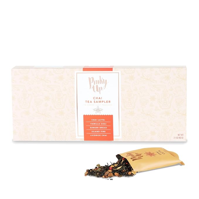 Pinky Up Chai Tea Gift Sampler, Variety Tea Packets of Flavored Tea, Loose Leaf Tea Sampler, Caffeinated Tea and Non-Caffeinated Tea Individual Packets