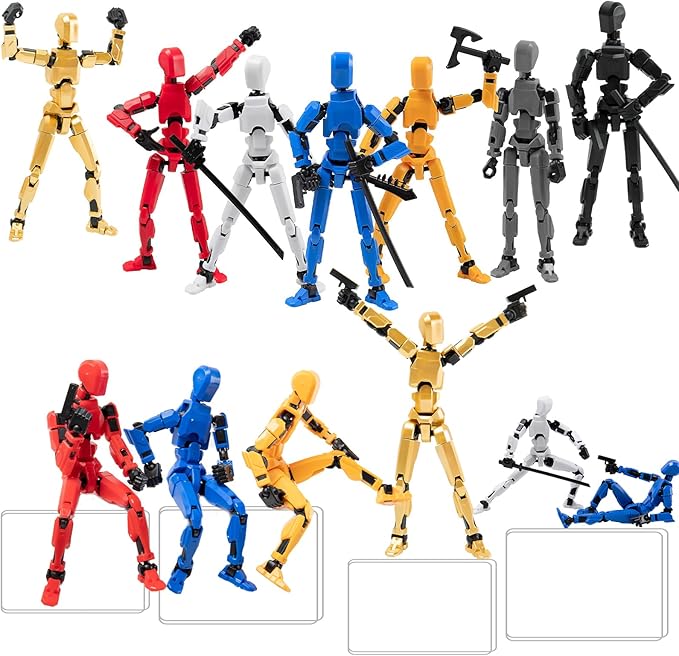 4PCS Assembled Titan T-13 Action Figures Set Lucky Dummy Nova 13 Action Figure Robot Stick Figures Fidget Toys for Boys Multi Movable Joints Gifts Toys for Kids (Golden+White+Blue+Black)