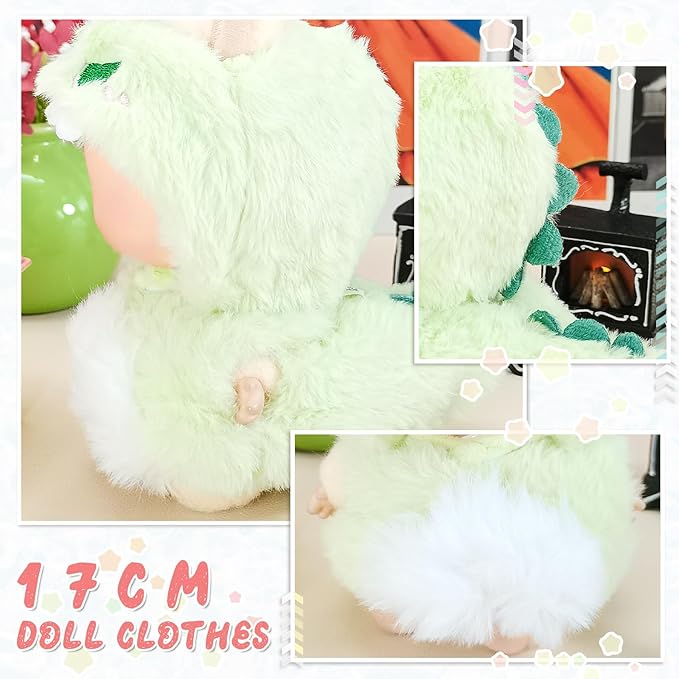 Doll Clothes, Compatible with Labubu, Animal-Inspired Hoodie Outfit with Accessories, Soft Fabric Collectible Apparel for Display (NO Doll) (Green Dinosaur)