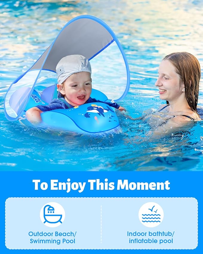 LAYCOL Baby Swimming Float Inflatable Baby Pool Float Ring with Sun Protection Canopy,add Tail no flip Over for Age of 3-36 Months