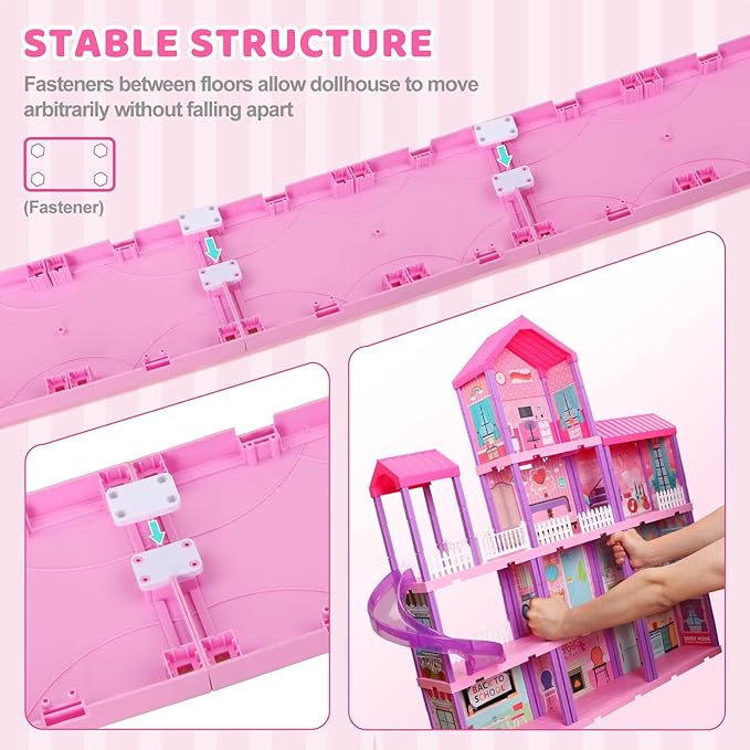 beefunni Doll House, Dream Dollhouse for Girls,Doll Houses 4-5 7-8 Year Old with 4 Stories -11 Rooms, 2 Dolls and Furniture, Princess Dollhouse 2025 Christmas Toy Gifts for 3 4 5 6 7 8+ Year Old Girls
