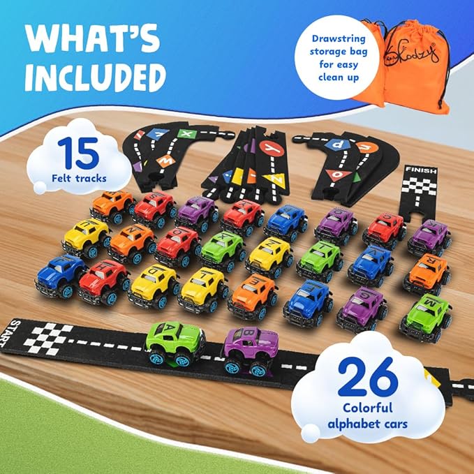 Skoolzy 36-Piece Alphabet Cars - Alphabet Learning Toys with Felt Track Set for ABC Recognition - Ideal Manipulatives for Preschoolers, 3 Year Old Boy Gift, and Toys for 2 Year Old Boys