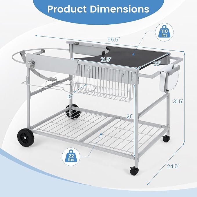 HAPPYGRILL Outdoor Grill Table w/Storage for 18”& 22” Weber Original Kettle | Movable BBQ Grill Cart with Wire Rack, Seasoning Rack & Garbage Can, Prep Kitchen Island for Backyard Camping Picnic