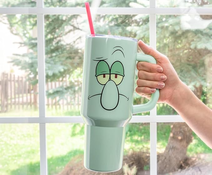 Silver Buffalo SpongeBob SquarePants Double Walled Stainless Steel Tumbler with Handle Featuring Squidward, Fits in Standard Cup Holder, 40 Ounces