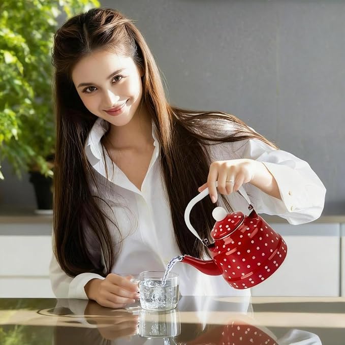 2.5 Quart Vintage Enamel Tea Pot Stovetop,Enamel Water Kettle Teapot with Red and White Spots,Enamel on Steel Water Coffee with Handle,Hot Water Kettle for Hot Water,No Whistling,Wedding Gift