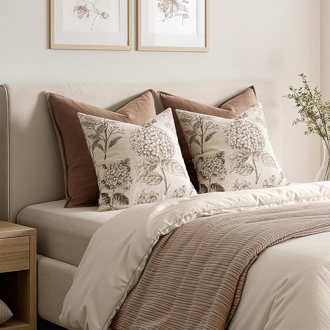 Set of 2 Decorative Floral Pillow Covers 20x20 Inch Light Brown | Neutral Hydrangea Print, Boho Vintage Throw Cushion Covers, Cottagecore Home Decor, for Sofa Couch Porch Bedroom Living Room