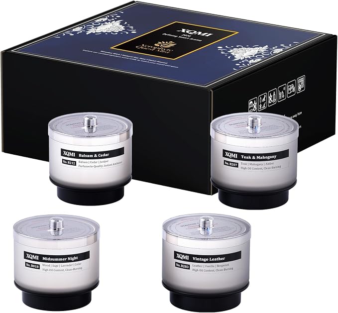 Smart Scented Candle Set Replaceable Refill with smart chip, Balsam & Cedar/Teak & Mahogany/Vintage Leather/Midsummer Night, 4.25 * 4oz Large Jar with up to 35 * 4 Hour Burn, Giftable